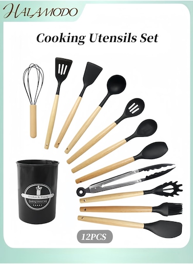 12PCS Silicone Cooking Utensils Set with Wooden Handle Non-Stick Food Grade Quality Silicone Cooking Utensils Set 428&acirc;&bdquo;&permil; Heat Resistant BPA Free Silicone Spatula Set Kitchen Tools