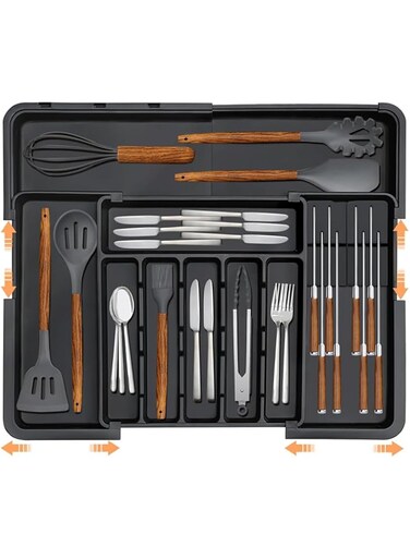 Angju Silverware Organizer, Expandable Large Kitchen Drawer Organizer Utensil Organizer with 2 Removable Knife Blocks, 56 * 48cm Cutlery Tray Drawer Dividers with 9 Compartment for Kitchen Flatware