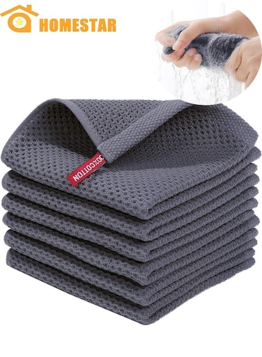 6-Pack 100% Cotton Waffle Weave Kitchen Dish Cloths, Ultra Soft Absorbent Quick Drying Dish Towels, 12x12 Inches, Dark Grey
