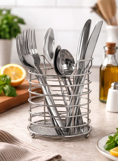 24-Piece Stainless Steel Cutlery Set with Holder   Modern Square Handle Flatware Set   Rust-Resistant Silver Spoon Fork Knife Set with Mesh Bottom Stand