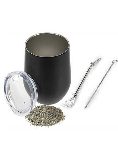 Double Wall Stainless Yerba Mate Tea Cup Set with Bombilla for Loose Leaf Easy to Clean Black