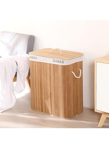 HAOWINS-PAN Bamboo Laundry Basket Washing Box Bin Storage,80L Handwoven Laundry Hamper with Lid and Handles, Foldable, 2 Removable Liner Bag