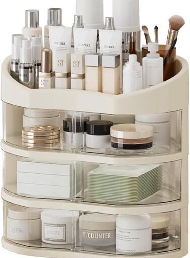 Makeup Organizer for Vanity, Countertop Organizer with 360&Acirc;&deg; Rotating Drawer, Spacious Cosmetic Display Case for Beauty Essential, Skincare,Lipstick, 3 Drawers