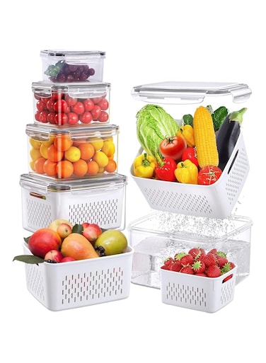 5Pcs Food Storage Containers,Fruit-Storage-Containers,Fridge Organizer with Removable Draining Colanders and Lid,Leakproof Fridge Organizer for Vegetables Salad Berry Meat Keep Fresh (Rectangle-5pcs)