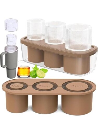 Ice Cube Tray for Tumbler Cup,3 Pcs Silicone Cylinder Ice Mold with Lid and Bin for Freezer,for Chilling Drink,Juice,Whiskey,Cocktail,Coffee,Easy Fill and Release Ice Maker,Summer Gifts (Brown