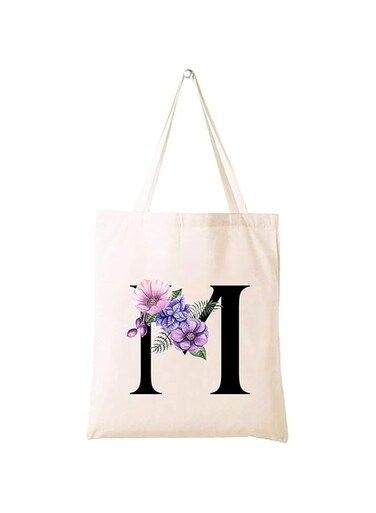 Eco-Friendly Canvas Cotton Tote Bag with Floral Design on Initial Letters Printed Bridesmaids Bags for Women- Reusable Shopping Bag, Party Gift Idea and Cotton Gift Bag