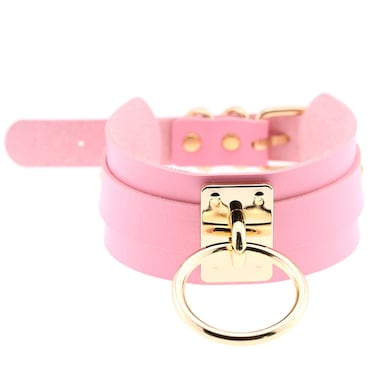 European and American Harajuku PU Leather Gold Single Ring Collar Wide Street-Snap Nightclub O-shaped Choker Necklace(Pink)