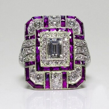 Luxury Square Women Crystal Zircon Engagement Ring, Ring Size:10(Purple)