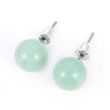 1 Pairs DIY Simple Round Natural Agate Stone Women All-match Stud Earrings(Green Jade)