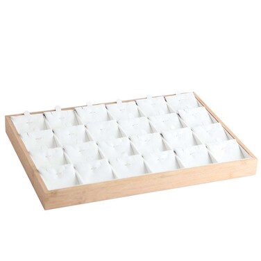 Bamboo Wooden Grid Liner Jewelry Display Tray Necklace Pendant Storage Tray Showcase, Style: 24 Grid White Leather