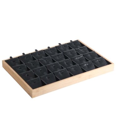 Bamboo Wooden Grid Liner Jewelry Display Tray Necklace Pendant Storage Tray Showcase, Style: 24 Grid Black Leather