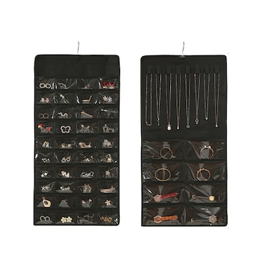 48-grid Jewelry Storage Hanging Bag Mon-woven Double-sided Jewelry Organizer Bag(Black)
