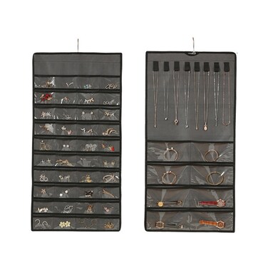 48-grid Jewelry Storage Hanging Bag Mon-woven Double-sided Jewelry Organizer Bag(Gray)