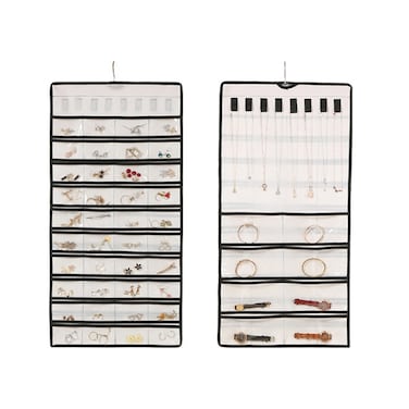 48-grid Jewelry Storage Hanging Bag Mon-woven Double-sided Jewelry Organizer Bag(White)