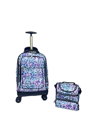Kids Rolling School Backpack Set, 3-Piece with Lunch Bag and Pencil Case, Spinner Wheels.(Purple Design Print)