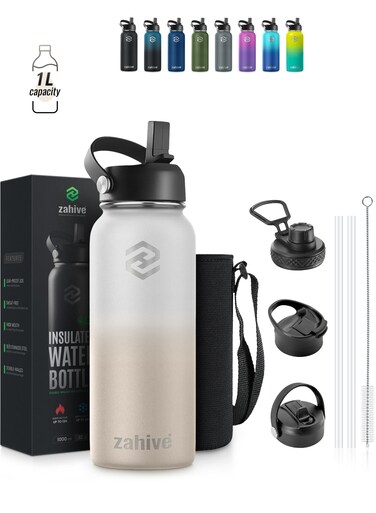 Insulated Stainless Steel Water Bottle with Straw with 3 Lids and Bag 1000 ml, Double Wall Thermos for Hot and Cold Drinks for Gym and Work, Wide Mouth, Leak Proof, 1 liter, Desert White