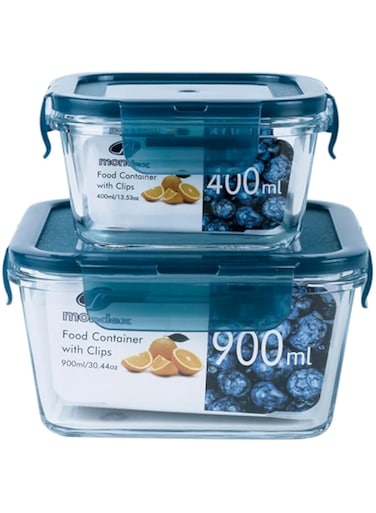 Mondex 2Pcs 400ml &amp; 900ml Square Borosilicate Glass Food Storage Container Lunch box With Blue Lid