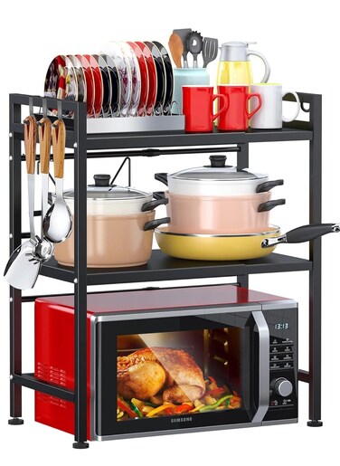Yoawllty Microwave Stand, 2-Tier Microwave Oven Rack With 6 Hooks, Expandable Horizontal Extension Microwave Shelf, Kitchen Counter Organizer for Toaster Oven Rice Cooker