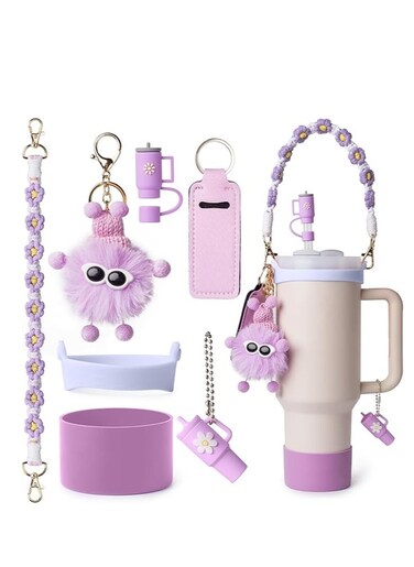 Stanley Cup Accessory Kit Including Water Bottle Handle Strap, Silicone Cup Sleeve, Lipstick Holder, Keychain Charms, Handle Charms, and Straw Topper Accessories for 40oz/30oz White Stanley Cup
