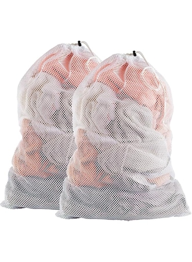 JCAKES Heavy Duty Large Mesh Laundry Bags and Locking Drawstring Closure - 2 Pack, 24 x 31 inches - Laundry Hamper Liner, Washable Laundry Bag for Travel, Sports, Dorms (White)
