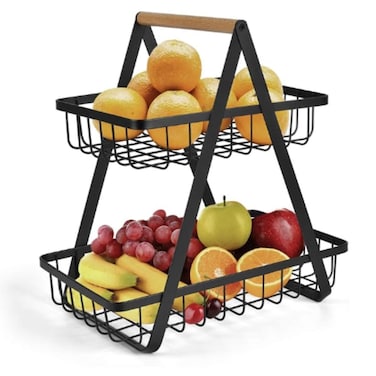 2 Tier Metal Fruit &amp; Vegetable Basket Stand for Kitchen Counter, Black Wire Storage Organizer Rack
