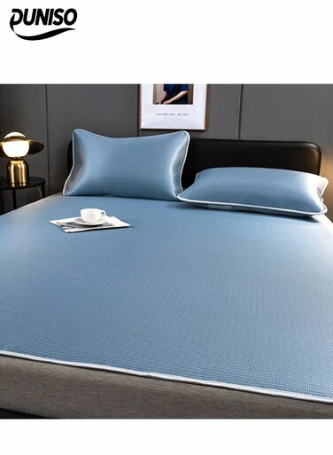 3-piece Cooling Bedding Set with 2 Pillowcases:Ice Silk Sheets &amp; Latex Mattress Pad for Hot Climate,Breathable Sheets,Summer Night Sweat Relief,150*200cm,Dark Blue