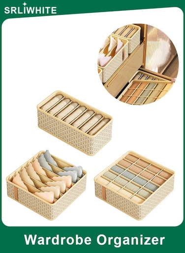 3-Piece Foldable Wardrobe Organizer Set, Small 7-Grid, Large 6-Grid and 20-Grid Breathable Fabric Drawer Storage Boxes (Beige)