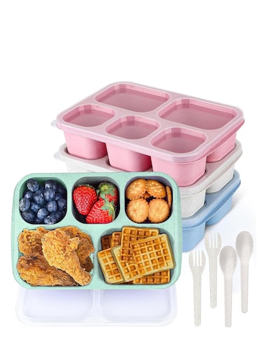 Lunch Box, 4 Packs Snack Box, Bento Box, Reusable Meal Prep Storage with 5 Compartment Compact Stackable Bento Box (Green/Blue/Pink/Beige)