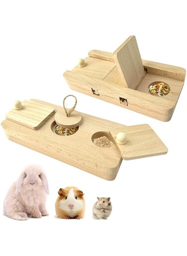 Hlimior Wooden Enrichment Foraging Toy for Small Pet,Interactive Hide Treats Puzzle Snuffle Game,Mental Stimulation Toy for Hamster,Guinea Pig,Rabbit,Chinchilla,Hedgehog 2 Pack