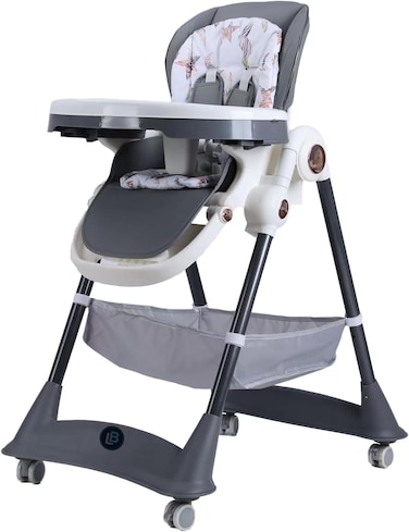 Lovely Baby Kids 3-Point Adjustable High Chair LB 168 for Babies, Foldable Baby Chair with Universal Wheels - Grey