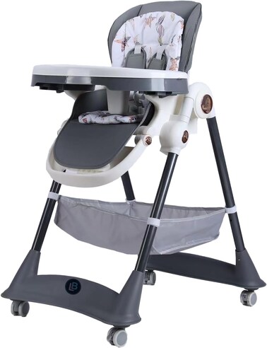 Lovely Baby Kids 3-Point Adjustable High Chair LB 168 for Babies, Foldable Baby Chair with Universal Wheels - Grey