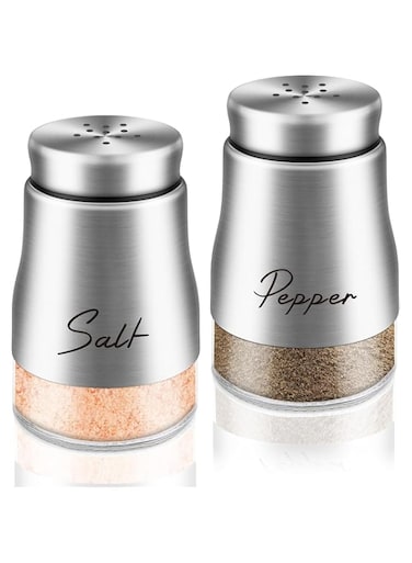 NimbusNote Salt and Pepper Shakers Set, 4 oz Glass Bottom Stainless Steel Shaker with Lid for Kitchen Gadgets Decor Cooking Table Housewarming Gift Modern Christmas Decor Refillable Design (Silver)