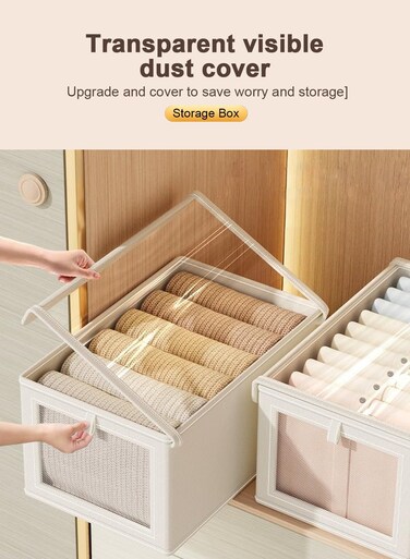 3 Pieces Foldable Closet Storage Organizer with Clear Lid and Window, Washable Closet Storage Boxes with Carrying Handles , Stackable Wardrobe Clothes Organizer,Cube Storage Bin for Clothes Wardrobe Home Bedroom Office