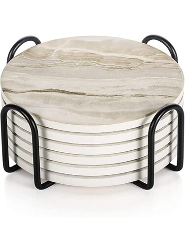 Homarket Drink Coasters with Holder Set of 6 Marble Style Coasters, Absorbent Coaster,Perfect Housewarming Gift, Wedding Gift, or for Your Kitchen, Living Room, &amp; Coffee Table Decor