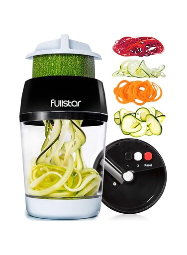 Fullstar Vegetable Spiralizer Vegetable Slicer - 4 in 1 Zucchini Spaghetti Maker Zoodle Maker Veggie Spiralizer Adjustable Handheld Spiralizer Zucchini Noodle Maker Zucchini Spiralizer with Container
