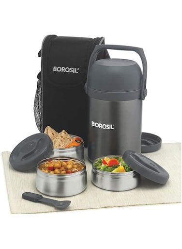 Borosil - Hot-N-Fresh Stainless Steel Insulated Lunch Box, Set of 3 (1pcs 350 ml + 2pcs 420 ml), Black