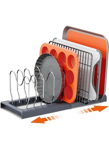 Expandable Pot and Pan Organizer Rack for Cabinet, Pot Lid Organizer Holder with 7 Adjustable Compartments, Cutting Board, Cookware, Bakeware &amp; Frying Rack Organizer for Cabinet (Gray)