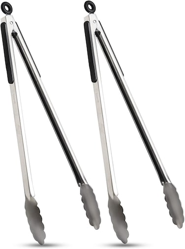 Premium locking grill tongs set of 2-16 inch heavy duty long kitchen bbq tongs for barbecue cooking grilling, stainless steel &amp; dishwasher safe
