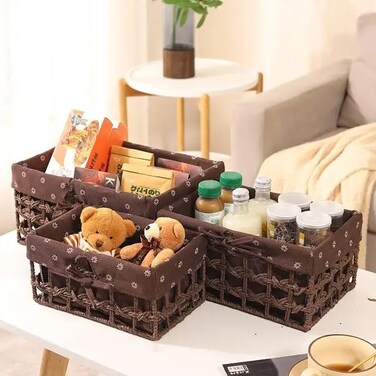 مجموعة من 3 سلال تخزين منسوجة صديقة للبيئة - صناديق مستطيلة متينة بإطار بلاستيكي قوي وبطانة قماشية قابلة للإزالة، مثالية لتنظيم الأغراض الصغيرة، الألعاب، الكتب، أدوات التجميل، وأكثر - بني