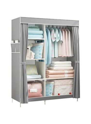 Beauenty 105CM Wide Foldable Closet, Non-Woven Fabric Cloth Storage Organizer with Hanging Rail and Shelves，Side Pull Portable Wardrobe (Grey)