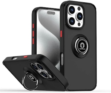 Iphone 16 Case Cover Metal Ring Holder Grip Kickstand Car Magnetic Mount Shockproof Matte Hard Back Bumper Case for Iphone 16 5G 2024 Black