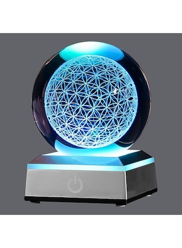 XINTOU 3D Flower of Life Crystal Ball with LED Colorful Lighting Touch Base, Chakra Healing Grid Flower Globe for Spiritual Decor, Laser Engraved Seek of Flower Inside A Sphere