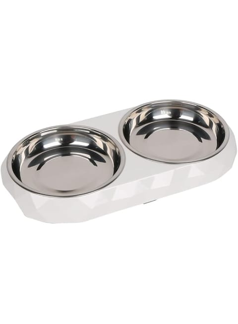Pawsitiv Cat Food and Water Dinner Set Bowls, Non-Skid, Removable Stainless Steel Food and Water Dishes for Cats, 400ml Capacity, Diamond design (White)
