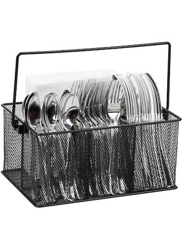 Mind Reader Storage Basket Organizer, Utensil Holder, Forks, Spoons, Knives, Napkins, Perfect for Desk Supplies, Pencil, Pens, Staples Black MESHBASKET-BLK