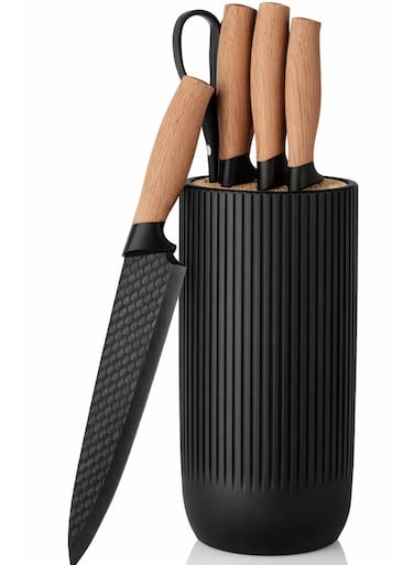 6-Piece Kitchen Knife Set with Holder - Professional Stainless Steel Chef Knives with Comfortable Wooden Handles and a Modern Storage Holder - For Home and Restaurant Usage.