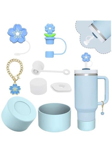 Stanley Cup Accessories Set,Including 2 Pcs 0.4in Straw Cover, 1 Silicone Spill-Proof Stopper Set of 3, 1 Cute Flower Handle Charm, 1 Silicone Boot Fits Stanley 40&amp;30 Oz Tumbler (Blue)