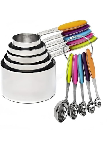 Stainless Steel Measuring Cups and Spoons Set with Soft Touch Silicone Handles - Nesting Design for Accurate Dry &amp; Liquid Ingredient Measurement