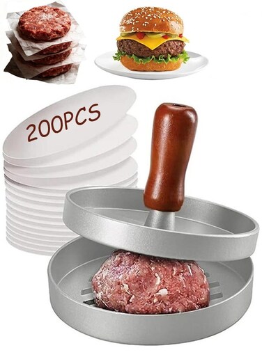 Press Patty Maker with Wooden Handle Non Stick Hamburger Mold Includes 200 Silicone Patty Papers for BBQ Grill Home Cooking Commercial Use Kitchen Tool