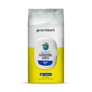 Earthbath Hypo-Allergenic Grooming Wipes, Fragrance Free, Cleans &amp; Conditions, 100 ct plant-based wipes in re-sealable pouch