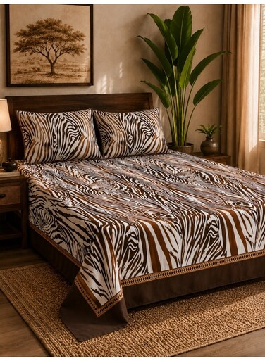 3-Piece Flat Bedsheet Set, Zebra Print, 100% Cotton, 125 GSM, 1 Flat Sheet + 2 Pillowcases &acirc;&euro;&ldquo; Available in King, Queen and Single Sizes